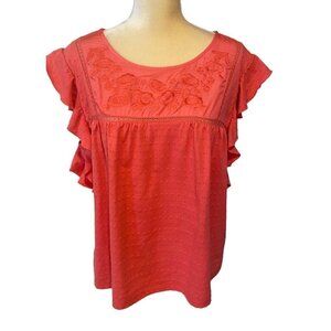 Sharagano Babydoll Eyelet Embroidery Flutter Top, mix media, red, Women's XL